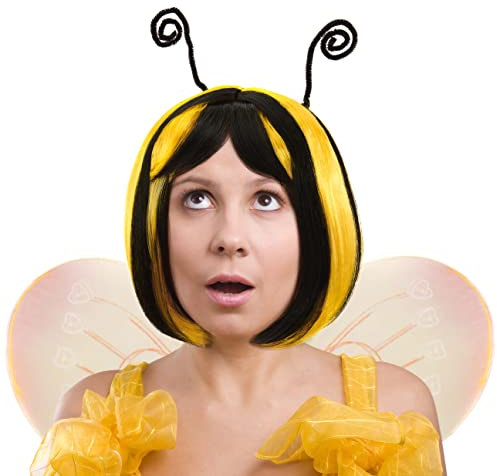 Bienen Bob Perücke schwarz/gelb mit schwarzen Fühlern | Bee Wig | Haarschmuck | Wespe Biene Toupet | Headwear | Karneval Fasching Halloween Party