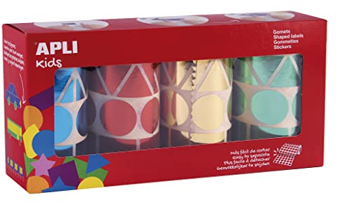 APLI Kids 19191 - Packung mit 4 Rollen aus Metall, geometrisch, 27 mm, Blau, Rot, Gelb, Grün
