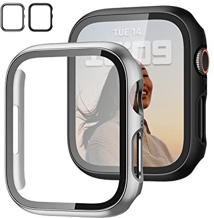 JZK Paquete de 2 fundas con protector de pantalla de vidrio templado para Apple Watch Series 6/5/4/SE de 1.732 pulgadas, cobertura completa, cubierta protectora de policarbonato duro HD ultrafina para