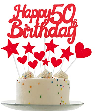 Personalised Happy 50th Birthday Cake Toppers Red Cake Decorations for Women,Her,Lady 50th Birthday Cake Cupcake Topper, Glitter Cakes Banner Decoration for 50 Birthday Anniversary Party Supplies