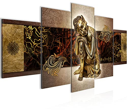 Runa Art Wandbilder Buddha Zen 5 Teilig Bild auf Vlies Leinwand Deko Wohnzimmer Schlafzimmer Feng Shui Gold 041352a
