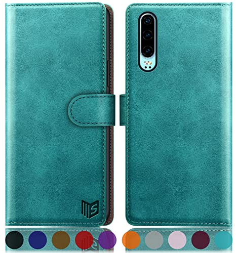 SUANPOT [RFID Schutz für Huawei P30 Hülle PU Leder Handyhülle Lederhülle Klapphülle Kartenfach Flip Cover für Huawei P30 Handy hülle Leather Wallet Phone Case Blau Grün