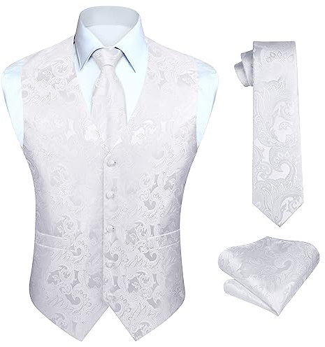 HISDERN Anzugwesten für Herren Weiß Paisley Hochzeit Weste mit Krawatte Einstecktuch Taschentuch Jacquard Weste Herren Anzug Set Elegant 2XL