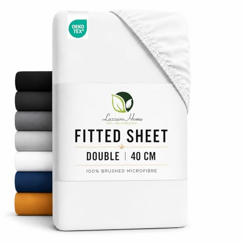 Lazzaro Double Fitted Sheet Extra Deep Pocket 40 cm (16 inches) Durable Elastic Bed Sheets - Premium Brushed Microfiber Fitted Bed Sheets Double - Ultrasoft Hypoallergenic Fade Resistant