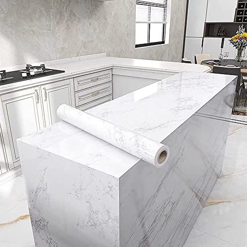 Agoon Sticky Back Plastic Paper Gray/White Self Adhesive Wallpaper Marble Contact Paper 45cm X 300cm Vinyl Film Waterproof PVC Roll for Kitchen Countertop Furniture Easy to Remove