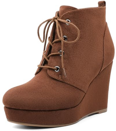 AUMOTED Women's Wedge Ankle Boots Round Toe Lace up 10 CM High Heels for Party Prom Wedding Dress Shoes Suede Brown US Size 9.5