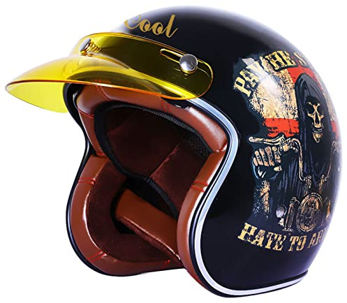 3/4 Open Face Motorradhelme, Retro Vintage Mopedhelm Mit Visier, Halbhelm Motorradhelme Für Erwachsene Frauen Männer Für Moped Scooter, DOT/ECE-Geprüft,Ghost rider b,L
