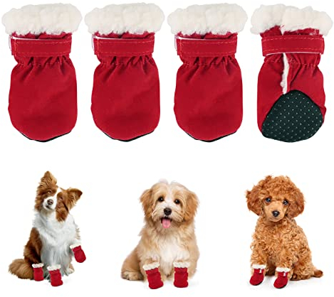 Jodsen Hundeschuhe,4 Stück Hundeschuhe Pfotenschutz wasserdichte Schneeschuhe Pfotenschutz mit Anti-Rutsch Sohle Outdoor Pfotenschützer Hundeschuhe für kleine mittlere Hunde Herbst Winter (Red)