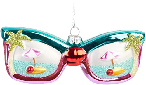 BRUBAKER Sonnenbrille Urlaub Blau & Pink mit Insel Palmen Weihnachtskugel aus Glas Handbemalt - Christbaumschmuck Lustig - Christbaumkugel Figuren Weihnachtsdeko Anhänger - Deko Baumkugel