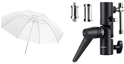 Walimex Pro 17679 Durchlichtschirm 109 cm weiß & TARION Blitzneiger Schirmhalter inkl. 1/4 3/8 & 3/8 1/4 Spigot Gewindeadapter für Lampenstativ, Blitzgeräte und Reflexschirme