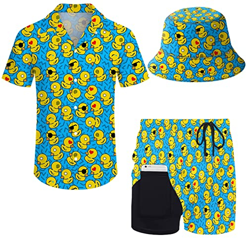 Wdpsuxin Herren 2-teiliges Hawaii-Trainingsanzug-Set mit Button-Down-Shirt und Kompressionsfutter, Shorts, Set mit Eimerhüten, Retro 80er 90er Jahre Grafik Gummiente Blau, Large