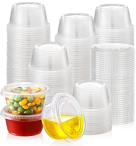 AOZITA [60 Sets - 2 oz Jello Shot Cups, Portion Cups With Lids, Small Plastic Containers with Lids, Airtight and Stackable Souffle Cups