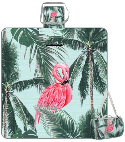 Flamingo Tropische Palme Quadratische Picknickdecke Flamingo Wasserdicht Faltbar Indoor Outdoor Matte Teppiche für Camping Strand Park Familientreffen Aktivitäten