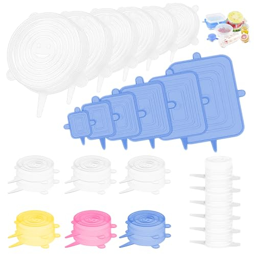 Tapas silicona ajustables cocina redondas y cuadradas set 30 uds diferentes tamaños y colores ecologicas sin BPA reutilizables Lavado a lavavajillas validas para microondas horno nevera