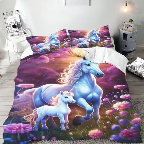SMchwbc Pferdebettwäsche Set Für Mädchen - Weiche Mikrofaser Bettbezug 135x200 Cm Mit Reißverschluss Und 2 Kissenbezügen