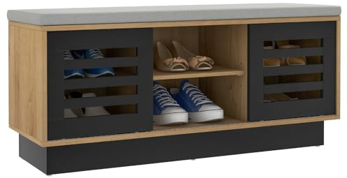 COSTWAY Meuble à Chaussure en Bois, Banc à Chaussures, Siège Rembourré, 2 Portes Coulissantes, 6 Compartiments, Banquette de Rangement, Meuble d'Entrée, Charge 150 kg, 99,5 x 34,5 x 46 cm (Naturel)