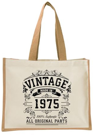 50th Birthday Tote Bag Gifts for Women - Cotton Jute Shoulder Bag, Reusable Bags for Shopping, Gift bags, Book Bag, Travel Bag, Shopper Bags - Original Parts 1975 - NAT-L