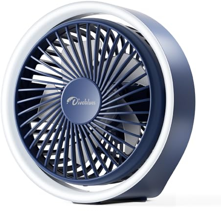 Diveblues Pequeño Ventilador de Escritorio USB con Luz LED, Mini Ventiladores Portátil, Ventilador Mesa Recargable, Giratorio 180°, Ventoinha Silencioso para Dormir, Oficina, Hogar y Acampar