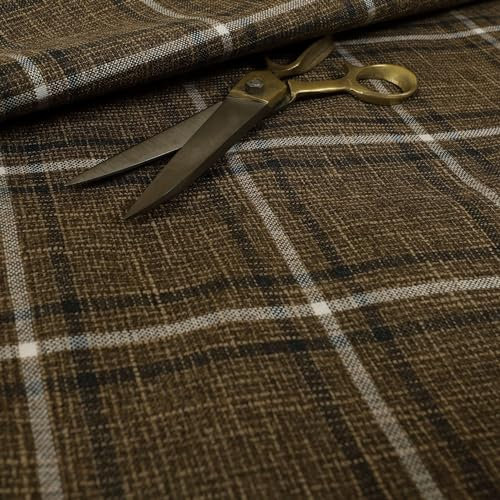 Redbrick Mill Fabrics Flammhemmender, strukturierter Qualitäts-Polsterbezug mit gewebtem Schottenmuster in Braun-Schwarz, Meterware (pro Meter)