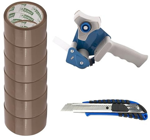 D.RECT Derouleur pour Ruban Adhesif avec 6 Rouleaux De Ruban Marron 50m x 48mm - Inclus Cutter à Cartouche 18 mm avec Poignée Paoutchoutée