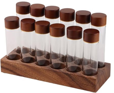 MagiDeal Coffee Bean Dispenser, Coffee Containers with Wooden Stand, Refillable Glass Test Tubes for Bar Kitchen Coffee Shop, 12 Holes