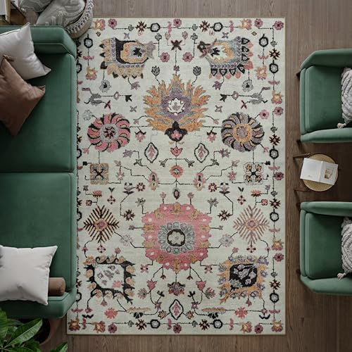 artyrugs Waschbarer Teppich, 200x290cm, 75% Recycelte Baumwolle, Kurzer Flor, rutschfeste Rückseite, Fusselt Nicht, Teppiche für Wohnzimmer, Schlafzimmer, Küche, Flur, Büro, Elfenbein & Rosa