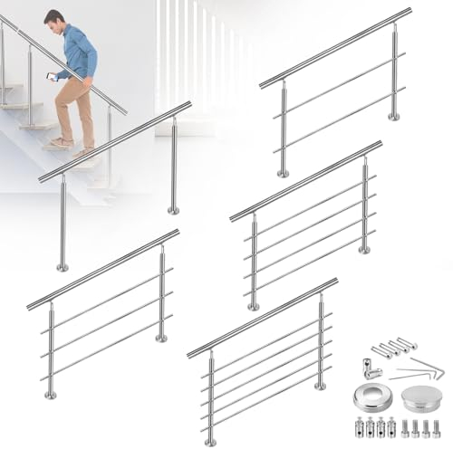 FIVMEN Barandilla de acero inoxidable para escaleras, exterior, 180 cm, pasamanos, barandilla con 2 postes, kit de montaje para escaleras para interior y exterior, sin travesaños