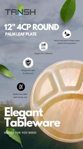 TANSH Compostable 12 Inch Palm Leaf (Areca) 4 Comparment Round Plates (50 Count), Biodegradable, Eco-Friendly, Microwave & Oven Safe