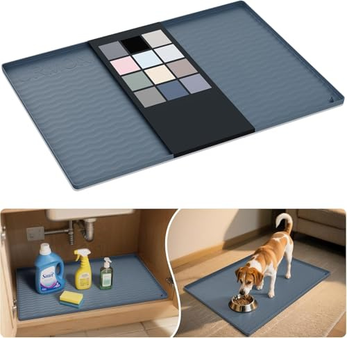 URMONA Silikonmatte für Küchenschrank 48 x 71 cm, Schrankmatte wasserdicht | Spülenunterlage mit Rand, Schrankmatte Küche, Katzenklo Matte, Futtermatte Haustiere, Schutzmatte Bad rutschfest (Dunkelgrau)