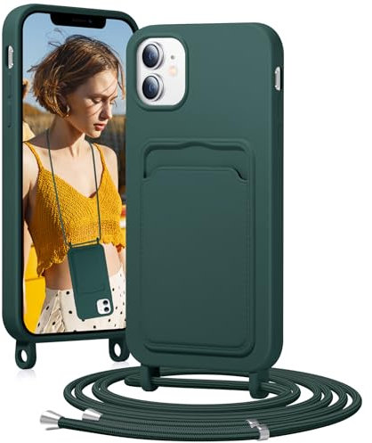BENTIACC Handykette Silikon Hülle für iPhone 12/12 pro mit Band, Handyhülle mit Kartenfach, Abnehmbar Kordel Kette, Stoßfeste Schutzhülle für iPhone 12/12 pro (Tannennadelgrün)