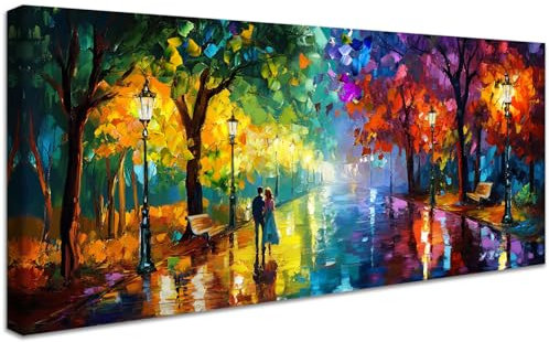 Cadre en Bois Impression sur Toile Couple Marchant Sur La Route Tableau Peinture Poster Mural Lampadaire Coloré Image sur Toile Grandes Abstrait Tableau Decoration Murale Salon Chambre 50x120cm