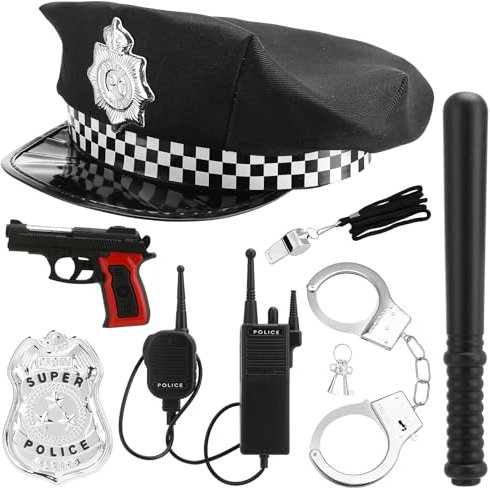 Kaisibum 7 Stück Handschellen Kinder Polizei Set, Polizei Kostüm Kinder Ausrüstung mit Hut Handschellen Abzeichen und Anderes Zubehör für Karneval, Mottoparty, Cosplay Polizei