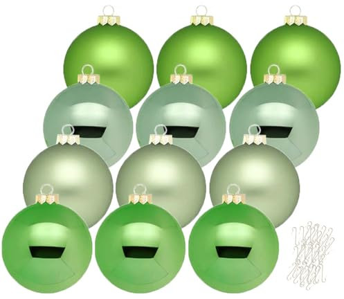 Inge Glas große Weihnachtskugeln mit Haken | Christbaumkugeln aus Glas | Set 12 Kugeln 8cm groß und 40 Aufhänger | Christbaumschmuck Weihnachtsbaumkugeln (Sparkling Nature | grün)
