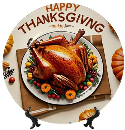 Gjgdbxdw Piatto decorativo in ceramica con stampa artistica Happy Thanksgiving in porcellana Bone China (porcellana), decorazioni con supporto verticale per mensole da casa e ufficio, decorazione da