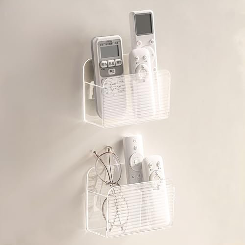 LINFIDITE 2 Pack Adhesive TV Remote Control Holder Wall Mount TV Holder For Bedside Wall Caddy Storage Organizer Stand Box (For 2 Or 4 Remote Controls – Transparent )