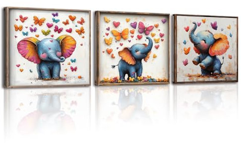 Piy Painting Tier Leinwanddruck, Niedlicher Elefant Als Wandgemälde, Bunte Schmetterling Leinwand Wandbilder, Kunstdrucke Für Schlafzimmer Wohnzimmer Café Speisesaal, 3 Paneele 30x30 cm (90x30cm)