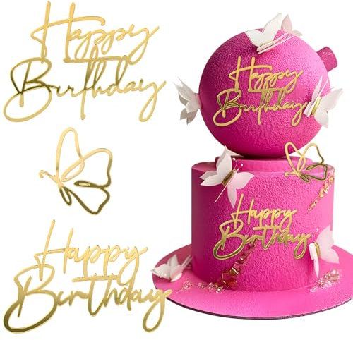 BOOMTOP 3pcs Decoración Tarta Happy Birthday con Adorno de Mariposa, Topper Cake Cumpleaños, Adorno Tarta Feliz Cumpleaños, Decoración Acrílica Cupcake Pastel Regalo Cumpleaños Happay Birthday, Dorado