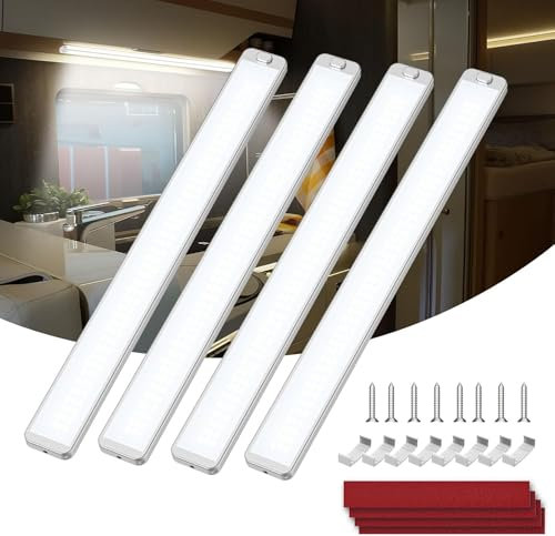 12V Interior LED Light, 42CM 228 LED Universal Strip Light with ON/Off Switch, 10W 6000K White Lamp RV Ceiling Lights for Van Campervan Motorhome Caravan Truck Boat Kitchen Bathroom Cabinet (4 Pack)