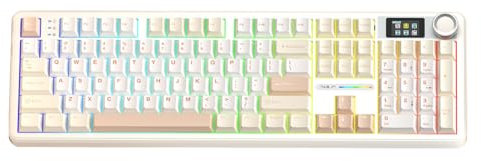 AULA F108 Pro Wireless Gaming Keyboard,Full Size Mechanical Keyboards with Display&Knob,2.4G/BT5.0/USB-C,Five Layers Filling,8000mAh,RGB,Creamy Sound,Hot Swappable Custom Keyboard (Light Yellow)