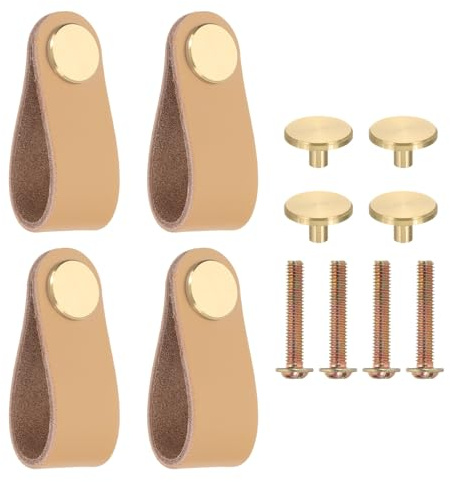 PATIKIL Leather Drawer Pulls, 4 Pack Leather Handle Center Cabinet Dresser Knobs with Screws for Dresser Cupboard Closet Doors, Beige