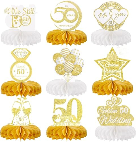 Jiusely Golden Wedding Anniversary Table Decorations 9Pcs, Romantic Honeycomb Table Topper，Golden Wedding Anniversary Table Decorations，Cheers to 50th Wedding Anniversary Honeycomb Table Topper