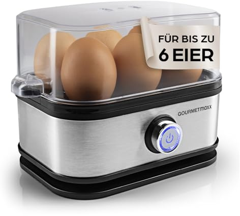 GOURMETmaxx Eierkocher für 6 Eier | Egg Boiler mit Eierstecher im Messbecher | Egg Cooker mit 3 Härtegraden – für jeden Eierbecher das Passende | Design Eierkocher Edelstahl, spülmaschinenfeste Teile