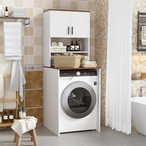 MSFE Mobile Lavatrice con Vano Portaoggetti, Mobile Sopra Lavatrice Salvaspazio, Mobile da Bagno, Armadietto per Lavatrice con Ante, Ripiani Regolabili, Scaffale Sopra Lavatrice, 65x170x60cm