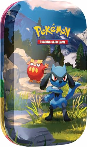 Pokémon-Sammelkartenspiel: Mini-Tin-Box Mega-Entwicklung – Erhabene Helden: Riolu und Flampion (1 Stickerbogen, 1 Pokémon-Bildkarte und 2 Boosterpacks)
