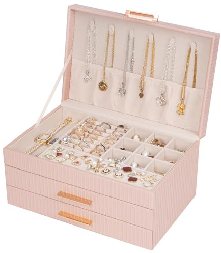 Dajasan Boite a Bijoux, Boite à Bijoux avec 2 Tiroirs, 3 Niveaux Boite Bijoux avec Grain Vertical pour Coiffeuse, Idée Cadeau pour Noël, Saint-Valentin, Anniversaire, Fête des Mères (Rose)