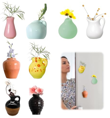 DOVBAN 8 Stück Mini Keramik Vase Magnete Kühlschrank,Cute Mini Bud Vases Magnetic,3D Ins Stil Kühlschrankmagnete,Funny 3D Plant Magnets,Für Kühlschrankzubehör,Küche