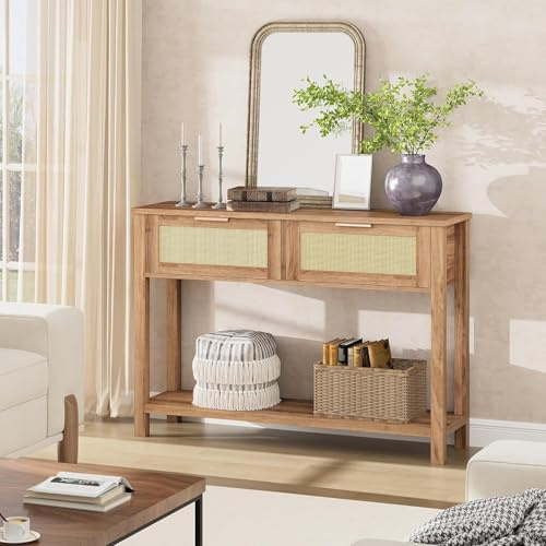 TUFSPRAX Table Console bohème en rotin – 2 tiroirs, étagère 2 Niveaux – Meuble étroit Moderne pour Salon, entrée, Couloir – Finition chêne Caramel recyclé – Couleur 25 Ans Marron