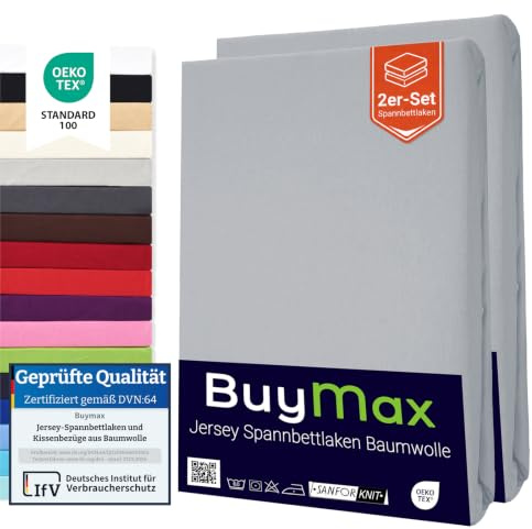Buymax Spannbettlaken 160x200 cm Doppelpack – 2er Set aus 100% Baumwolle Jersey, 140 g/m², Rundumgummi, für Matratzen bis 25 cm, Oeko-TEX, Silber