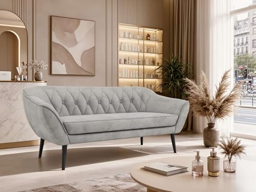 MKS MEBLE Sofa PIRS 3-Sitzer - Skandinavisches Design Couch, Gesteppte Polsterung, Wellenfederung, bequemes Polstersofa für Wohnzimmer - Schwarze Beine, Hellgrau Velvet