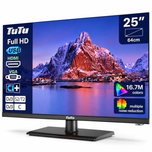TuTu TU25Q1F-EM Full HD Fernseher 25 Zoll (64 cm), ohne Smart-Funktion | 220 Volt, Triple Tuner (DVB-T/T2-C-S/S2), HDMI, VGA, USB-Media Player, CI/CI+, Hotelmodus, Mittelfuss